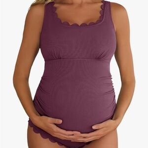 Elegant Scalloped Maternity Swimwear - Purple